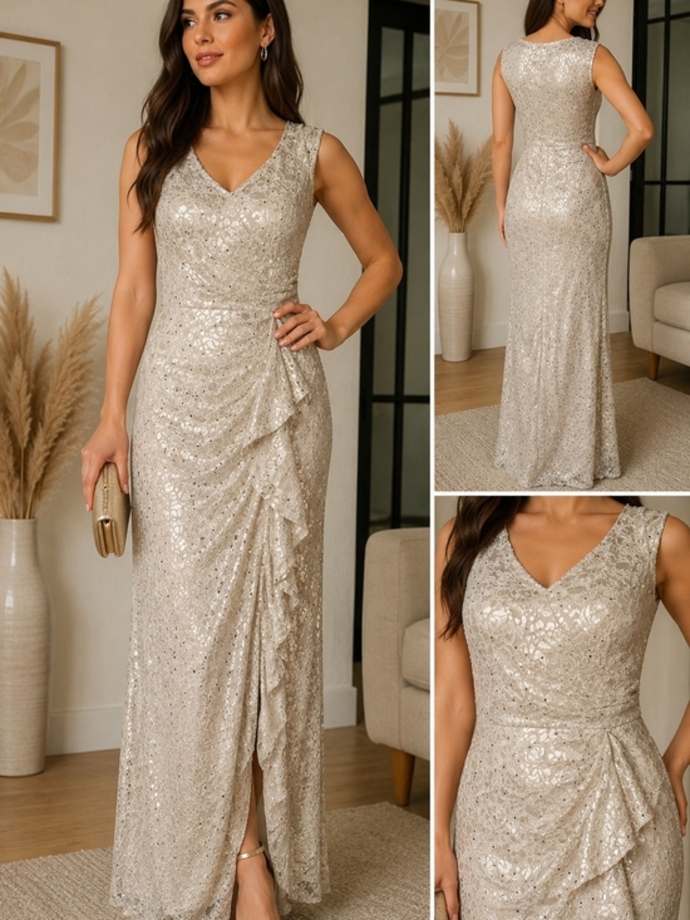 Elegant Champagne Sequin Evening Gown - Sleeveless V-Neck